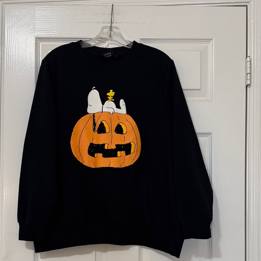 Peanuts Snoopy Woodstock Pumpkin Black Sweatshirt Size 1X Halloween